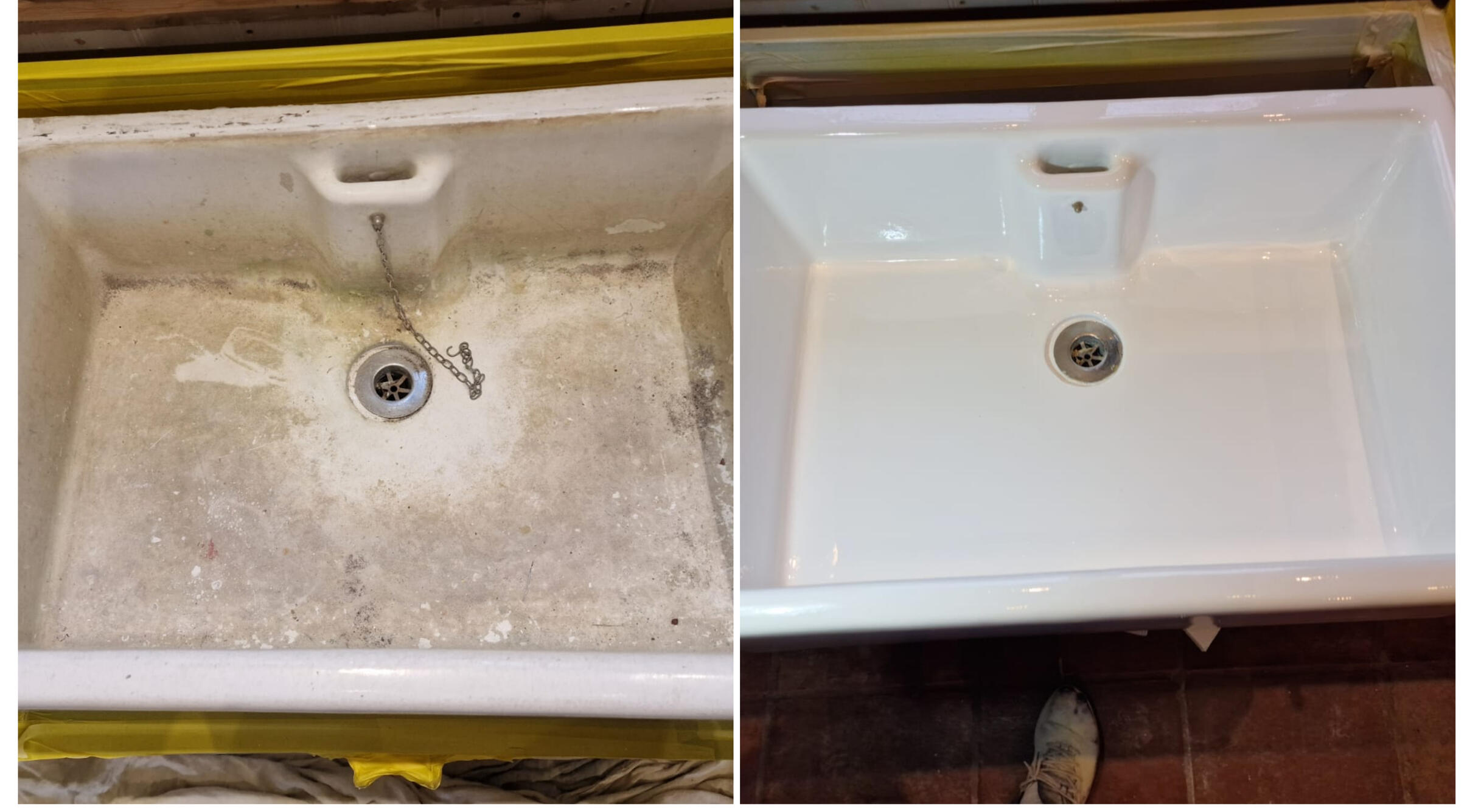 BELFAST KITCHEN SINK RESTORED IN Newport BEFORE AND AFTER PHOTOS OF A KITCHEN CERAMIC BELFAST SINK, WAS DAMAGED AND FULL OF CHIPS, FULLY RESORED TO A LIKE NEW FINISH IN Newport