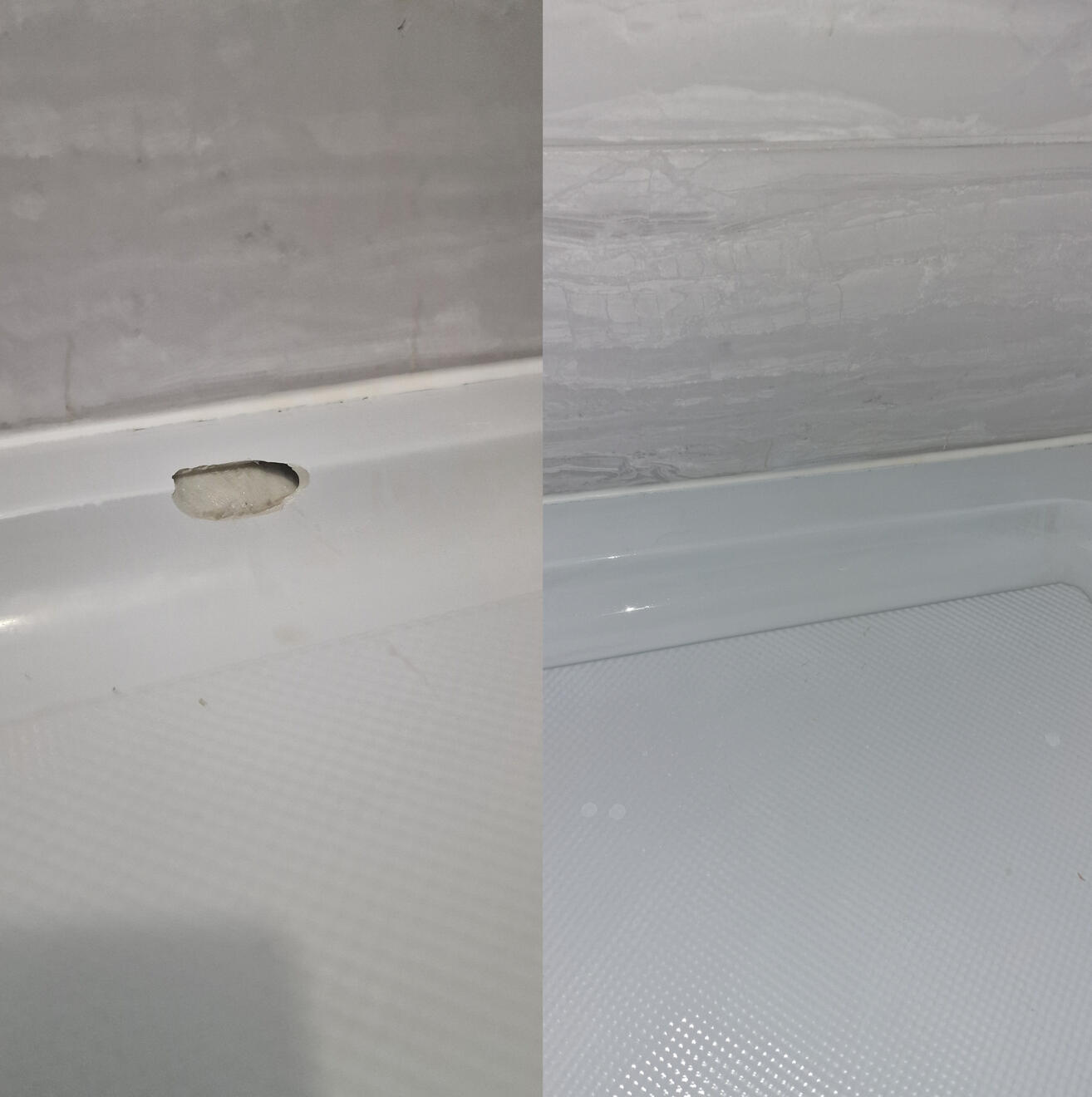BEFORE AND AFTER PICTURES OF A STONE RESIN SHOWER TRAY CHIP REPAIR Before and after pictures of a shower Tray repair Newport