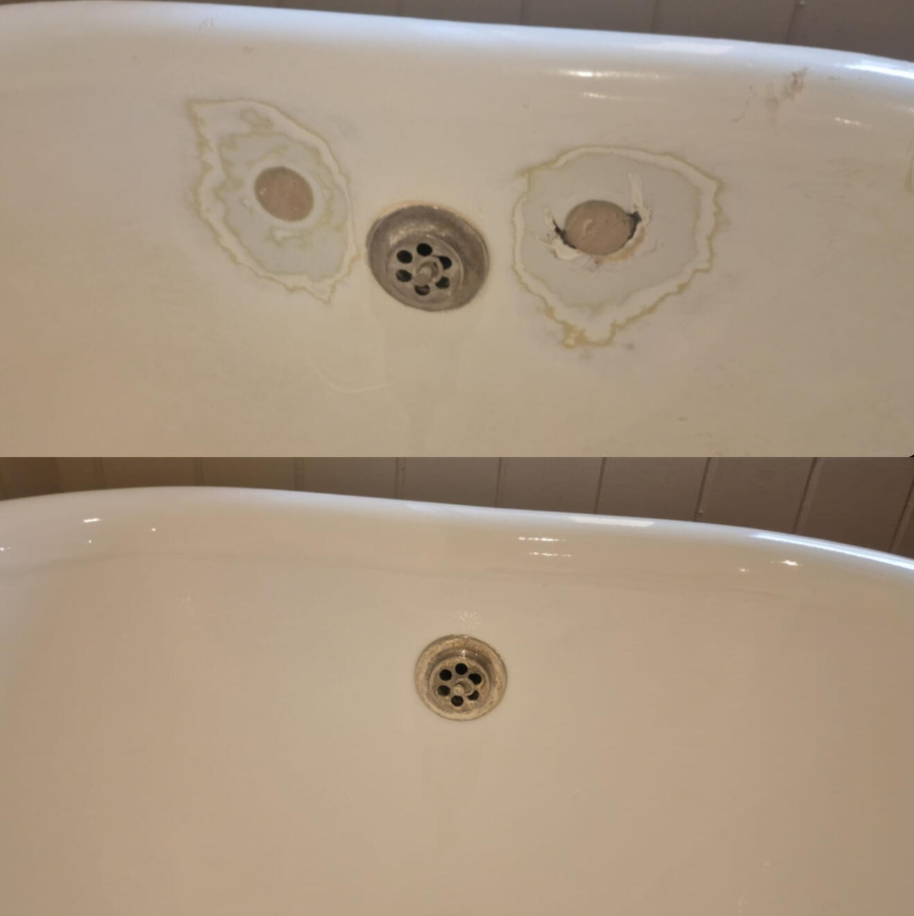 BEFORE AND AFTER PICTURES OF A CAST IRON BATH TAP HOLES FILLED AND REPAIRED Before and after cast iron bath tap holes filled and repaired in Solihull