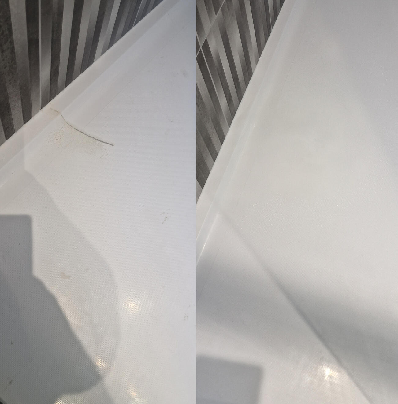 before and after pictures of a stone resin acrylic shower tray crack repair Reinforced shower tray crack repair in Newport