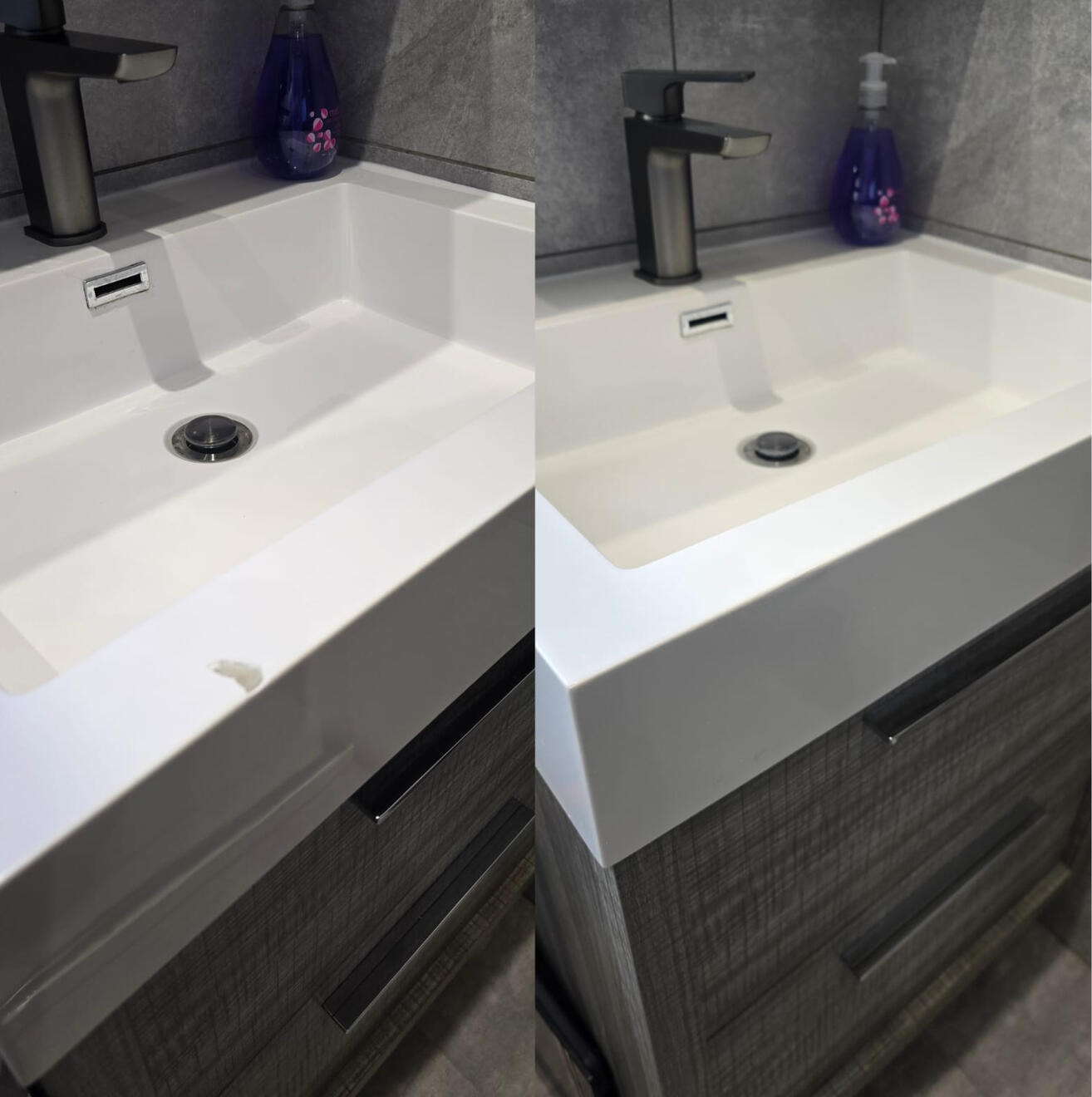 BEFORE AND AFTER PICTURES OF A COMPOSITE BATHROOM BASIN CHIP REPAIR Before and after composite bathroom basin chip repair in Newport