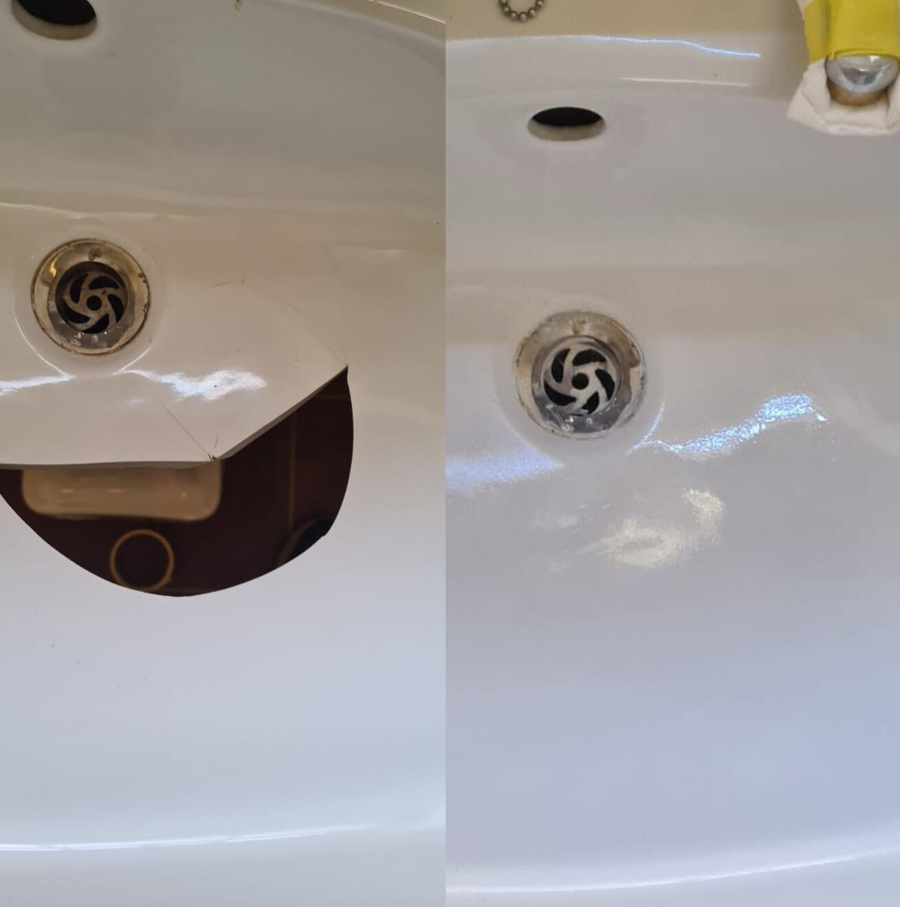 before and after pictures of a ceramic sink crack repair Before and after ceramic sink crack repair in Risca, Newport