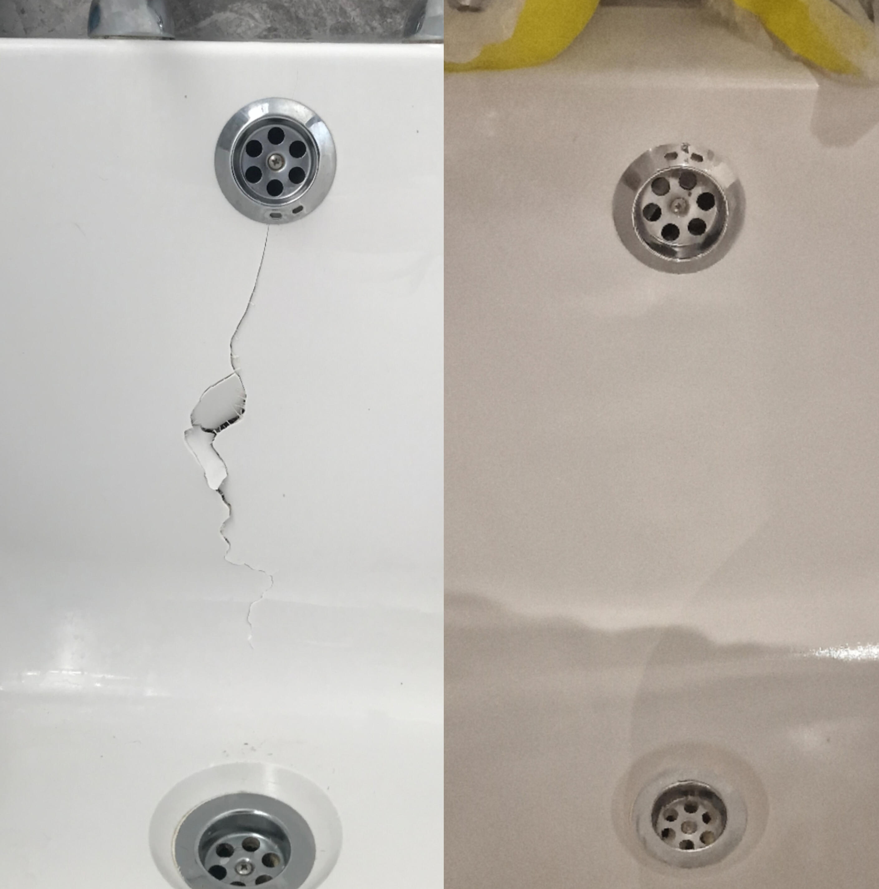 Acrylic Bath Crack Repair Before & After photos of an Acrylic Bath Crack Repair in Newport